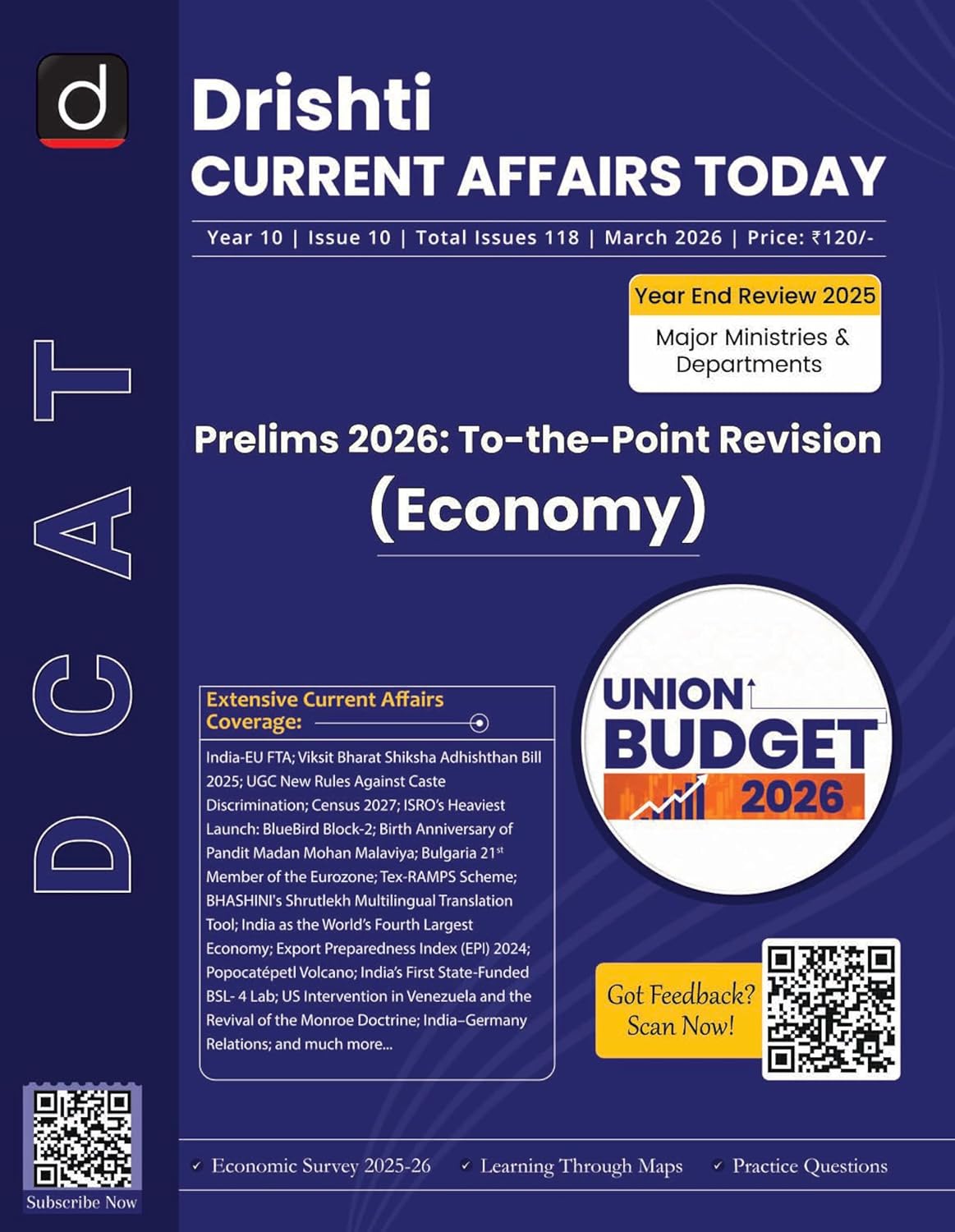 DRISHTI IAS Current Affairs Today March 2026, Prelims 2026 To-the-Point Revision, Economy, Year End Review 2025, Economic Survey & Union Budget Coverage, Practice Questions